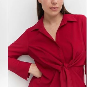 MANGO Knot Detail Shirt Dress Women Size 20 Red Long Sleeve W/ Bottoms & Collard